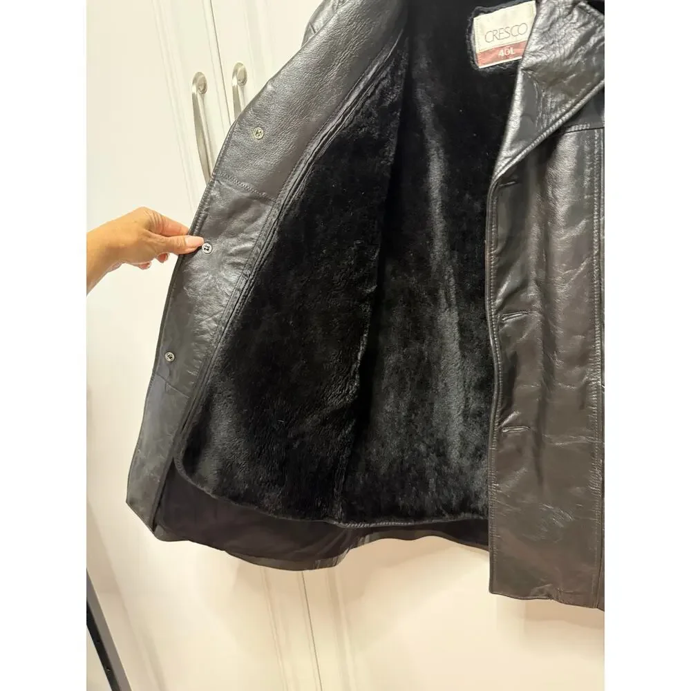 Cresco Black Genuine Leather Coat Jacket Faux Fur Lined 40L Vintage 70s Overcoat